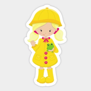 Girl In Raincoat, Boots, Blonde Hair, Frog Sticker